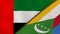 The flags of United Arab Emirates and Comoros. News, reportage, business background. 3d illustration