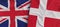 Flags of United Kingdom and Denmark. Linen flags close-up. Flag made of canvas. Danish. Great Britain. UK flag. State national