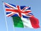 The flags of United Kingdom and Italy on the blue sky. For news, reportage, business. 3d illustration