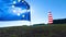 Flags of the United States of America and European Union waving together on the wind. Real shot in landscape.