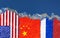 The flags of the United States, China and Russia are narsovany on a piece of ice in the form of an Arctic iceberg against blue sky