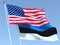 The flags of United States and Estonia on the blue sky. For news, reportage, business. 3d illustration