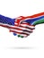 Flags United States and Gambia countries, partnership handshake.