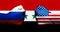 Flags of the United States and Russia painted on two clenched fists facing each other on background of blurred flag of Syria/conce