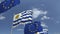 Flags of Uruguay and the European Union against blue sky, loopable 3D animation