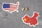 Flags of USA and China. Conflict between country. Global financial trade war of America vs China battle trade war crisis