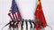 Flags of the USA and China at international meeting or conference. 3D rendering