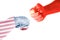 Flags of USA and China  painted on two  fists  on white background. United States of America versus China trade war disputes