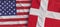 Flags of USA and Denmark. Linen flag close-up. Flag made of canvas. United States of America. Danish. State national symbols. 3d