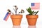 Flags of usa and russia in a flowerpot with drought flower