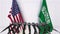 Flags of the USA and Saudi Arabia at international meeting or negotiations press conference