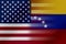 Flags of Venezuela and usa that come together showing a concept that means trade, political or other relationships between the two