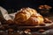 Flaky buttery croissant filled with almond paste and top with powdered sugar. AI generated