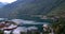 Flam, Norway. Touristic Ship Boat Moored Near Berth In Sognefjord Port. Aerial View In Summer Evening. Norwegian Longest