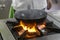 Flambe Chef Cooking in Kitchen. Professional chef in a commercial kitchen cooking flambe style. Chef Flambe Cooking