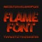 Flame alphabet font. Fire effect type letters and numbers on dark background.