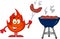 Flame Cartoon Mascot Character With Sausage On Fork Cook At Barbecue