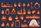 Flame fire vector illustration set, cartoon flat red and orange flamed ignition light effect collection with hot flaming