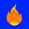 Flame, fireball isolated on blue background, fire burn symbol, flames icon, flaming logo, bonfire blaze illustration, icon