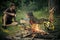 Flame of firewood in bonfire burn and blurred couple