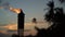 Flame form tiki torch at sunset with silhouette of palm tree in slow motion. Vacation and travel concept.