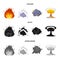 Flame, sparks, hydrogen fragments, atomic or gas explosion. Explosions set collection icons in cartoon,black,monochrome