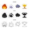 Flame, sparks, hydrogen fragments, atomic or gas explosion. Explosions set collection icons in cartoon,black,outline
