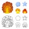 Flame, sparks, hydrogen fragments, atomic or gas explosion. Explosions set collection icons in cartoon,outline style