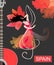 Flamenco dancer in a red dress is dancing on a treble clef opposite a guitar and a large lily flower on a black background.