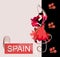 Flamenco logo. Cover for a music album. Beautiful Spanish girl dancing flamenco, standing on the treble clef. Red lilies fall