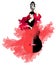 Flamenco logo. Guitar-girl. Elegant dancer in a beautiful long dress on a white background