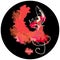 Flamenco logo round shape. Young Spanish woman with curls in form of musical rulers, dressed in traditional red dress, dancing