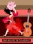 Flamenco night banner. Young spanish girl with fan in shape of flower and guitar on polka dot background