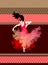 Flamenco night text in spanish. Young girl in a red dress with a shawl in the form of a flying bird is dancing