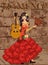 Flamenco. Spanish dancing girl with fan and guitar. Holiday background