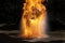 Flames caused by the explosion of the oil. Demonstration of water on oil fire