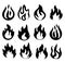 Flames icons. Flame silhouettes. Black firing icons, warning symbols isolated on white. Burning vector emblems.