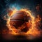 Flaming basket charge, Intense ball movement as hoop ignites in basketball