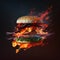 A flaming beef burger in a bun flying on a dark background. Generative ai