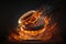 A flaming beef burger in a bun flying on a dark background. Generative ai