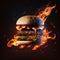 A flaming beef burger in a bun flying on a dark background. Generative ai