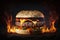 A flaming beef burger in a bun. Generative ai