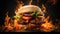 Flaming Beef Burger with Sesame Bun and Crisp Vegetables. Generative Ai