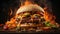 Flaming Beef Burger with Sesame Bun and Crisp Vegetables. Generative Ai