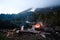 Flaming bonfire in camp during hiking in Carpathian mountains