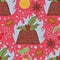 Flaming Christmas pudding Seamless pattern Pink background