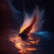 flaming feathers floating on the surface of the sea in a dark atmosphere