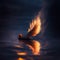 flaming feathers floating on the surface of the sea in a dark atmosphere