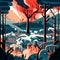 Flaming flock of sheep in the forest. Vector illustration. Generative AI