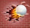 Flaming Golf Ball Breaking Through Brick Wall